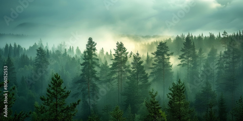 mist in the forest, green misty forest trees with fog, nature background, misty morning in the forest, 