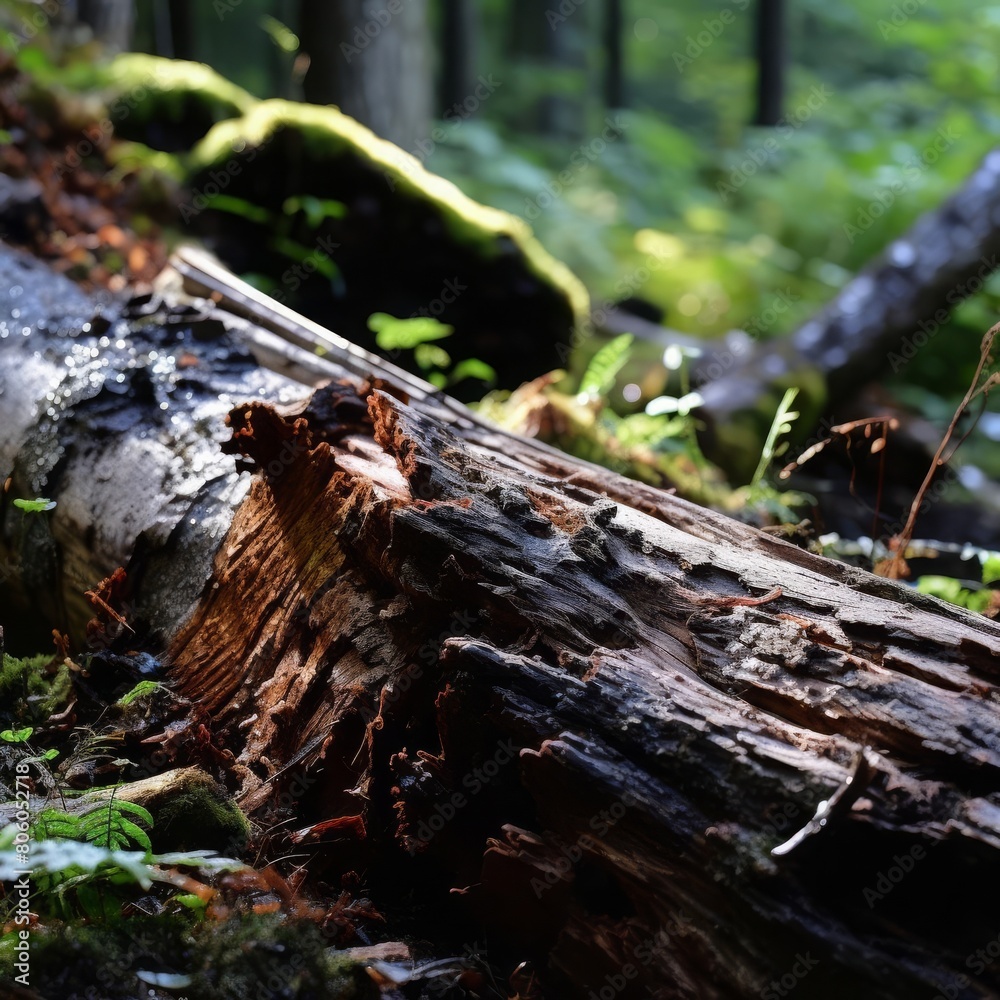 A closeup of a decaying log in a temperate forest, illustrating the role of decomposition in nutrient cycling A closeup of a decaying log in a temperate forest, illustrating the role of decomposition in nutrient cycling