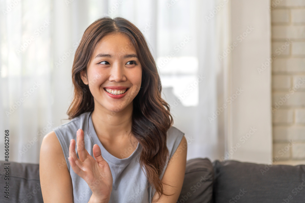 Portrait of smiling beautiful pretty asian woman clean fresh healthy white skin posing smile in pajamas white clothes, skincare, lady, model, cosmetic, fashion.Girl relax, enjoy at home.asia beauty Portrait of smiling beautiful pretty asian woman clean fresh healthy white skin posing smile in pajamas white clothes, skincare, lady, model, cosmetic, fashion.Girl relax, enjoy at home.asia beauty