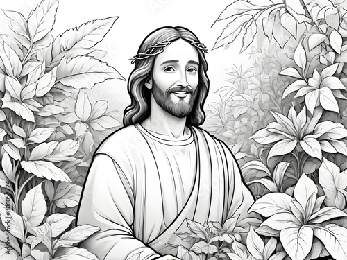 Jesus acute child. coloring page for kids, happy, smiling, surrounded by plants,