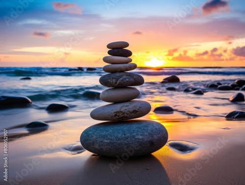A serene beach scene at sunset with smooth pebbles stacked in the foreground, symbolizing peace and balance, with gentle waves in the background