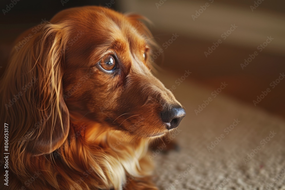 Long Haired Dachshund - Close Up of a Cute Pet Canine on the Floor in Golden Light