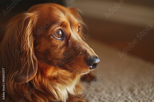 Long Haired Dachshund - Close Up of a Cute Pet Canine on the Floor in Golden Light