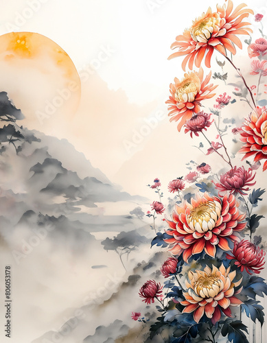 큰 보름달과 깊은 산속을 배경으로 국화꽃이 그려진 동양화 photo