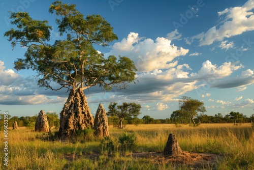 Massive Termite Mounds Towering into the Sky in Outback Nature Cathedral photo