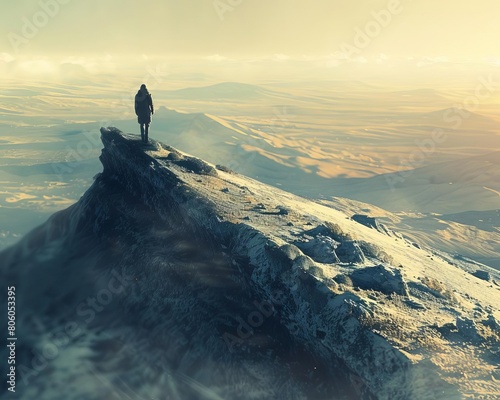 A lone figure stands on a windswept mountaintop, surveying the vast landscape below photo