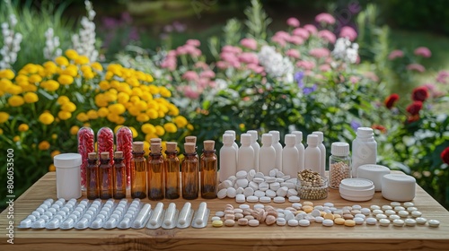 A display of various antihistamine medications and natural supplements arranged on a wooden table, with a backdrop of a blooming garden.