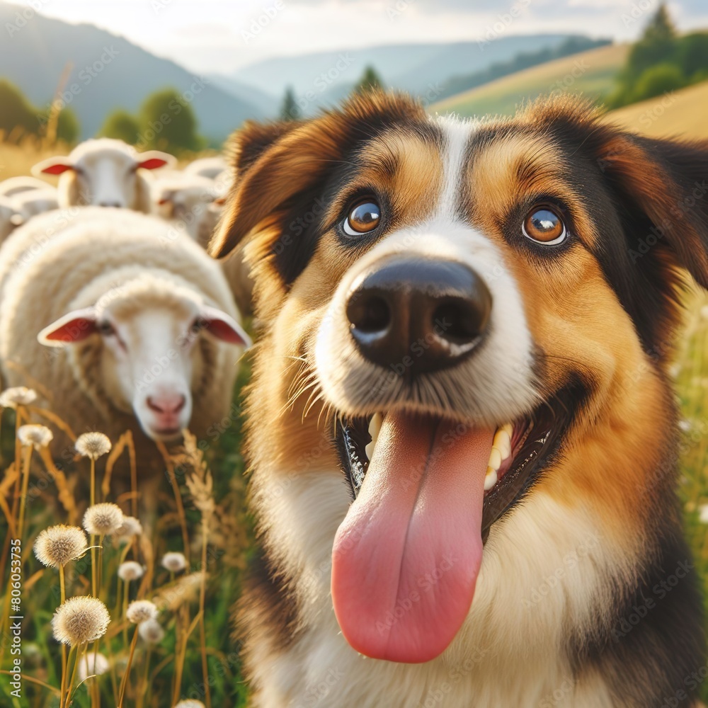 A large, friendly dog with his tongue sticking out is guarding the sheep in the meadow A large, friendly dog with his tongue sticking out is guarding the sheep in the meadow