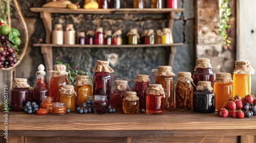 A farm setting with an array of seasonal jams and preserves made from locally sourced fruits, displayed on a rustic wooden counter. photo