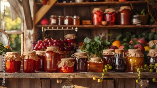 A farm setting with an array of seasonal jams and preserves made from locally sourced fruits, displayed on a rustic wooden counter.