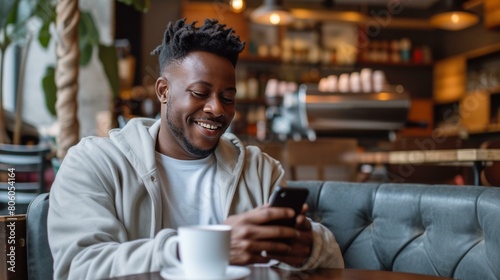 Smiling African American man using smartphone in cafe