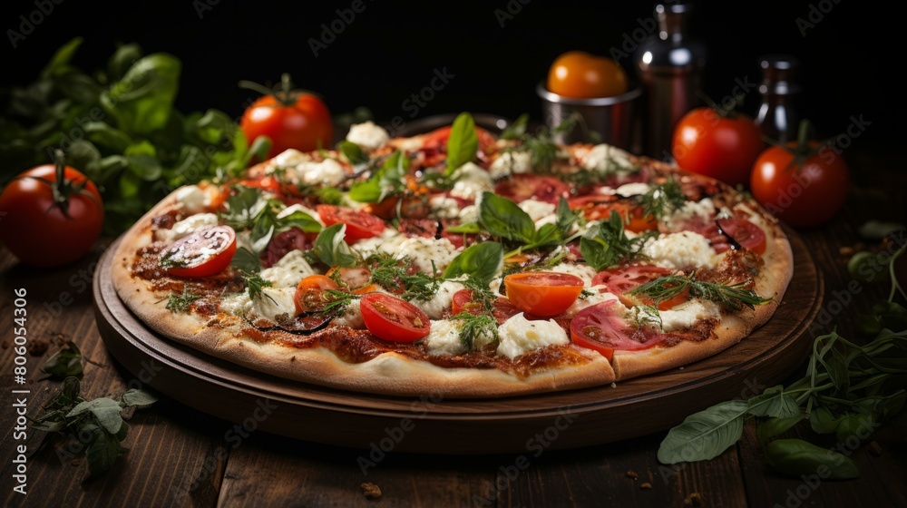 A delicious pizza with tomatoes, basil, and cheese