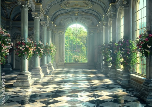 Elegant European architecture with marble floor and arched windows