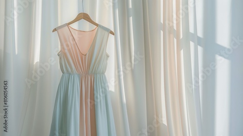 A flowing linen dress in soft pastel colors, displayed on a minimalist hanger against a light, airy backdrop with gentle sunlight filtering through.