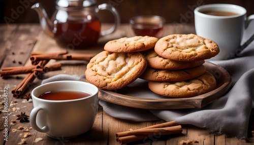 Seasonal cinnamon snickerdoodle cookies with tea in rustic setting
 photo