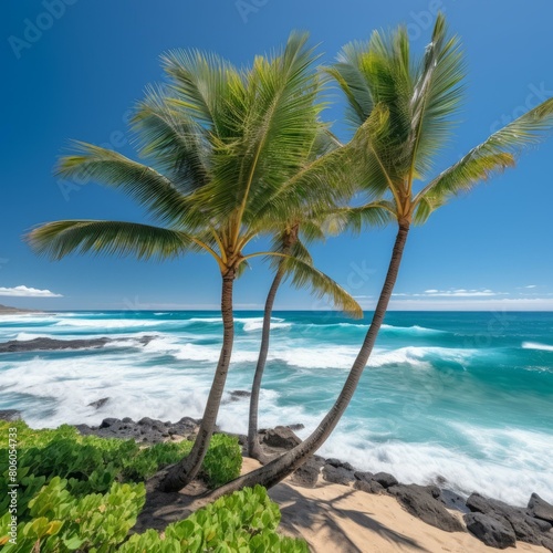 Three palm trees on a beach with a blue ocean and white waves crashing on the shore