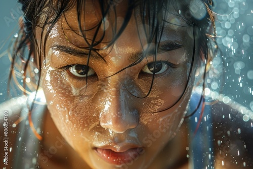 Portrait of a young Asian woman with water on her face