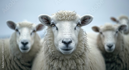 Group of Adult Icelandic Sheep Grazing near the Blurry Coast with Blue Sky and Eye Contact photo