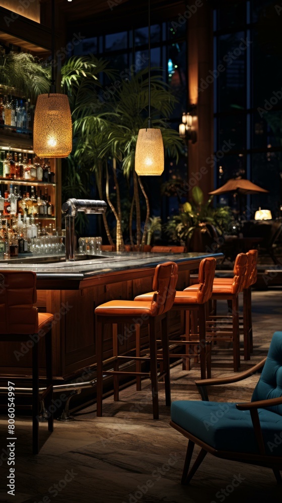 Modern bar interior with luxury leather chairs and tropical plants