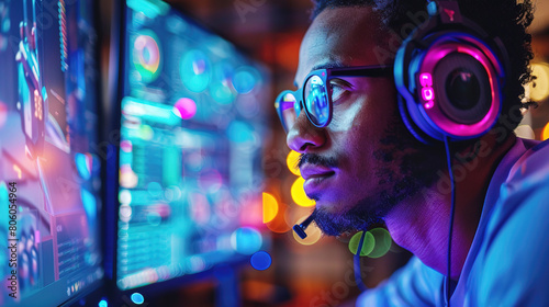 Black man in headphones in control center near computer monitors