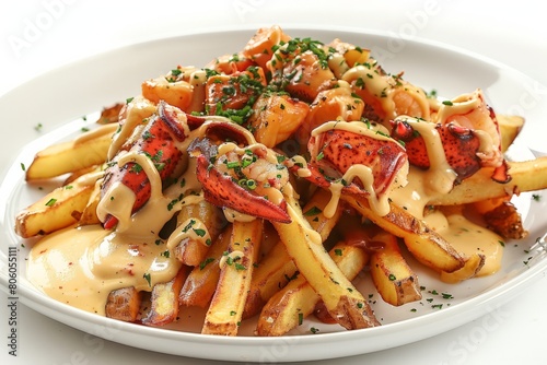Canadian poutine with lobster and b?arnaise sauce photo