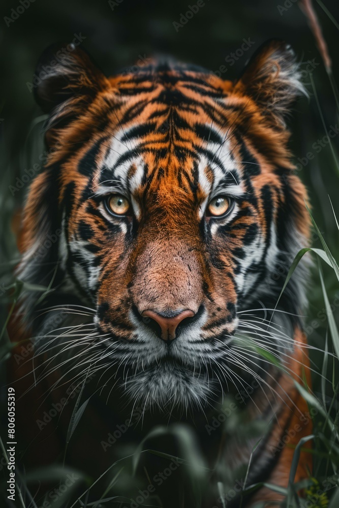 Naklejka premium A fierce tiger stares down its prey in the jungle