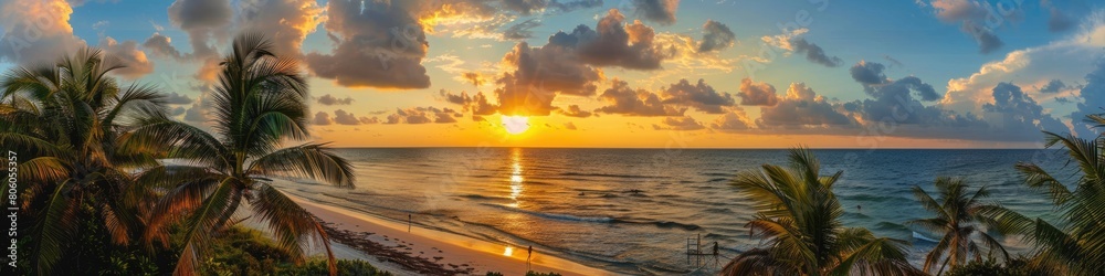 Heavenly Sunrise in Holbox: A Serene Beach Landscape with Breathtaking Sunset Views and Ocean Waves