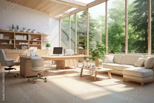 A modern home office with a large desk  a comfortable sofa  and a beautiful view of the forest