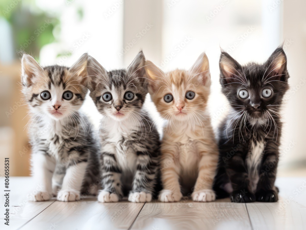 kittens, cats sitting on a table on white background