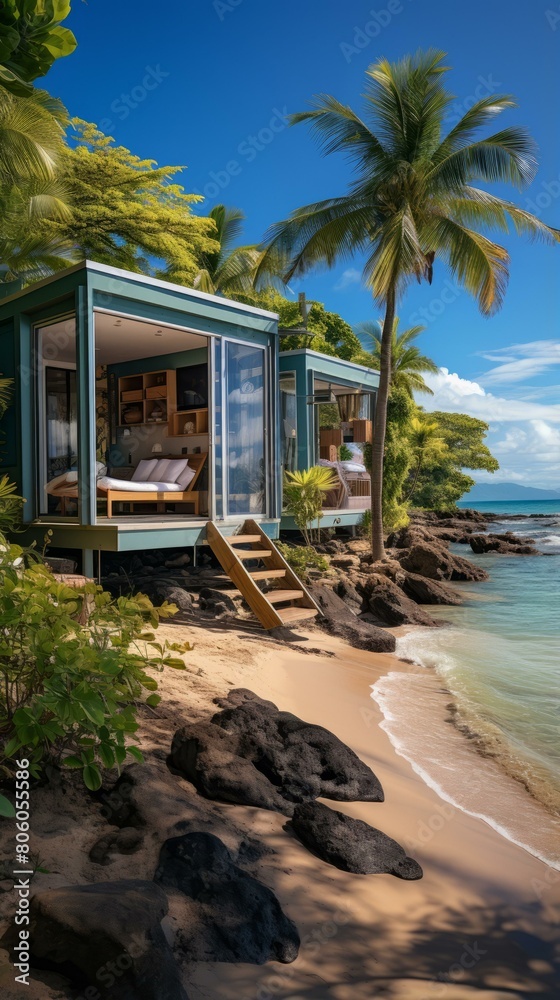Fototapeta premium Beachfront vacation home with modern interior and stunning ocean views