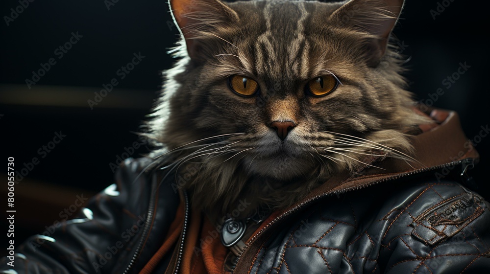 A close up of a cat wearing a brown leather jacket A close up of a cat wearing a brown leather jacket