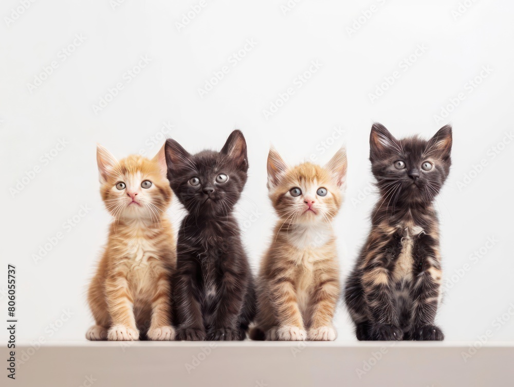 kittens, cats sitting on a table on white background