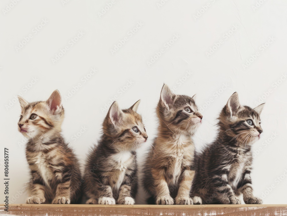 kittens, cats sitting on a table on white background