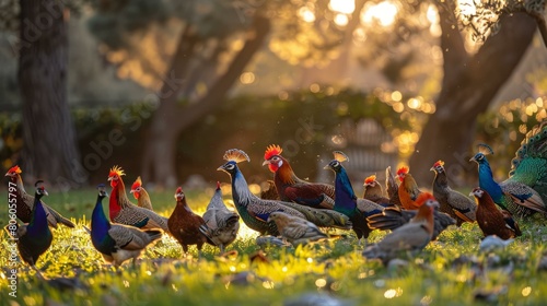 A variety of pheasants and peafowl in a barnyard photo