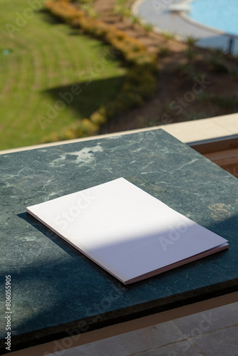 blank magazine mockup on green marble stone coffee table , shadow overlay