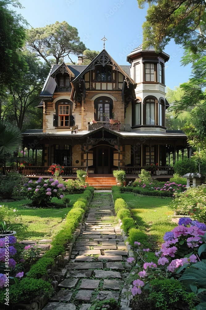 An exquisite two-story house with a garden full of flowers