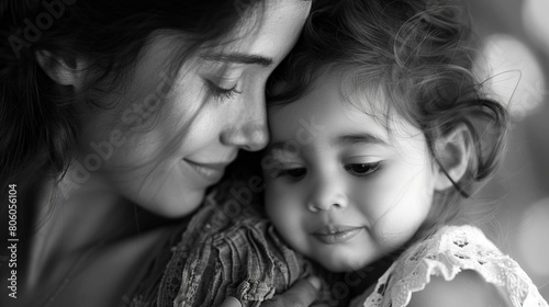 Black and white portrait of a mother and her child