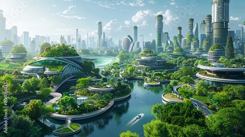 Green futuristic city bathed in sunlight.