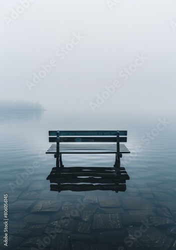 Wooden bench partially submerged in water with a foggy background