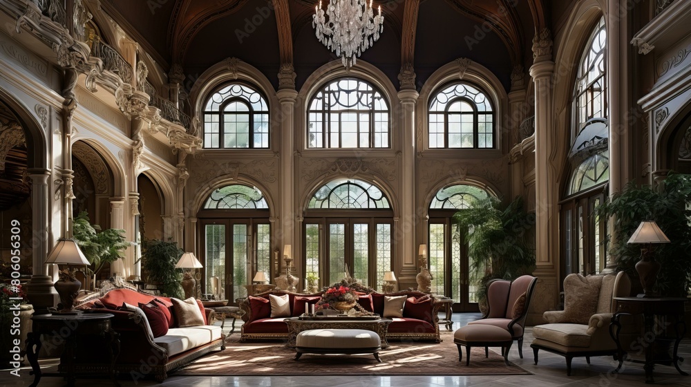Obraz premium Ornate living room with red velvet sofas and crystal chandelier