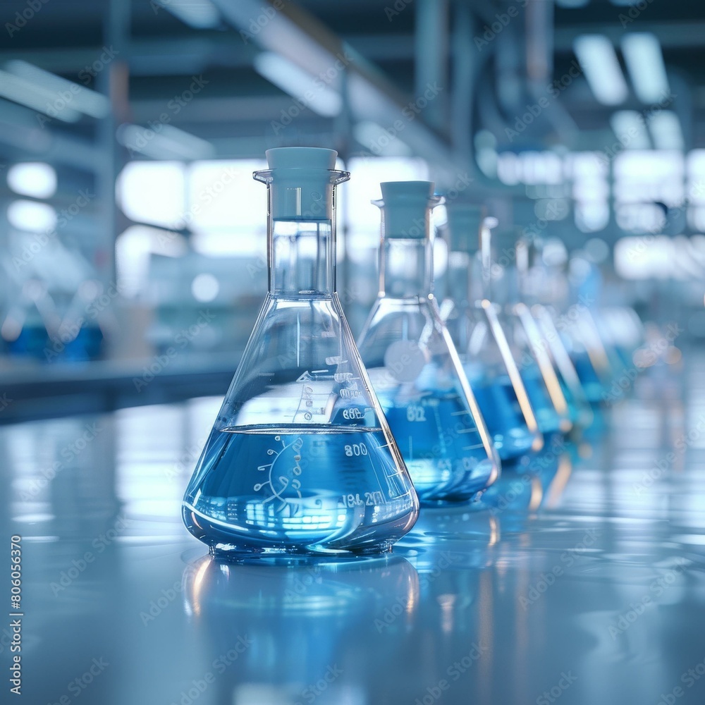 Blue liquid in graduated conical flasks in a laboratory