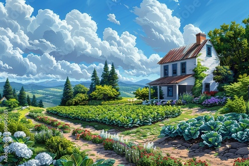Farm with flower beds near the house in nature on a sunny day photo
