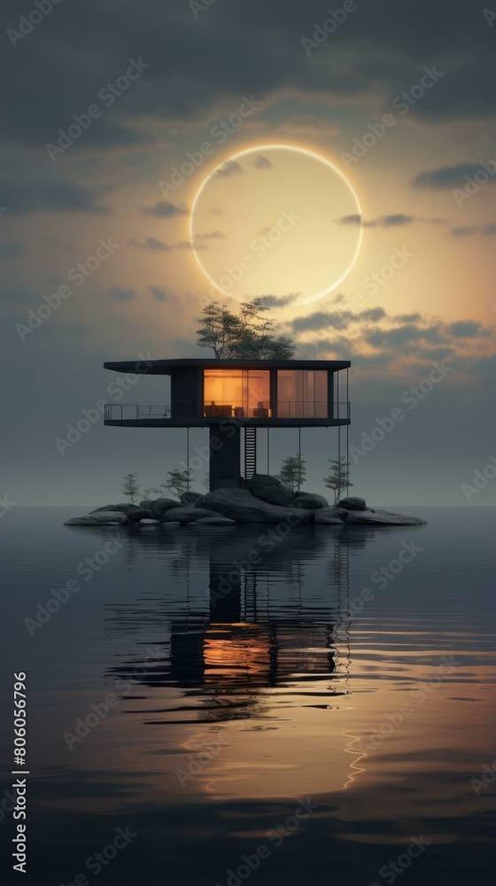 futuristic house on lake at sunset