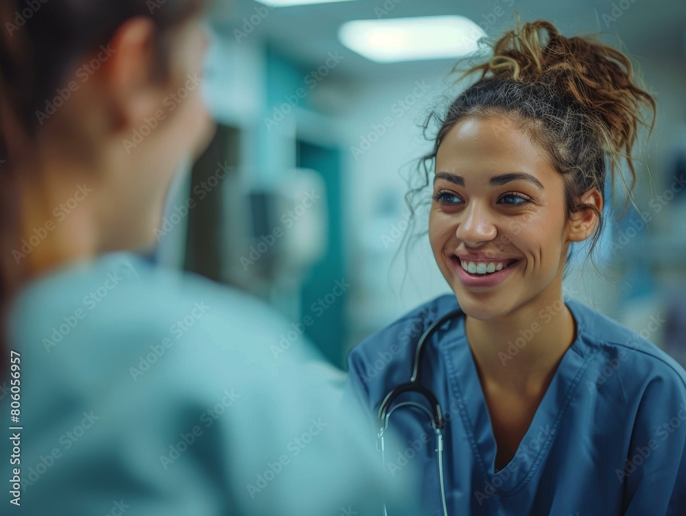 Fototapeta premium Two nurses are talking in a hospital.