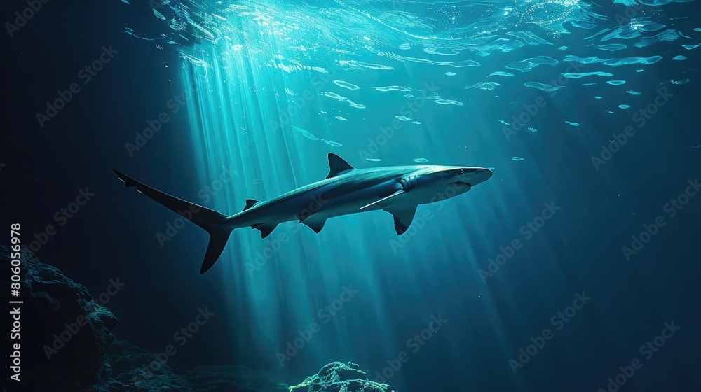 Obraz premium Deep-Sea Encounter: Thresher Shark Swimming in the Tropical Ocean - Underwater View
