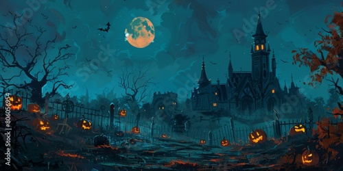 Spooky Halloween Night Graveyard With Haunted Church