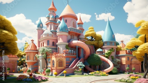 A whimsical illustration of a colorful castle with a pink slide in front of it photo