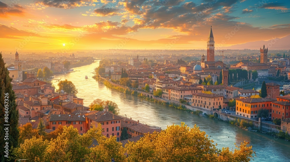 Naklejka premium Verona cityscape with river Adige at sunset, Veneto, Italy