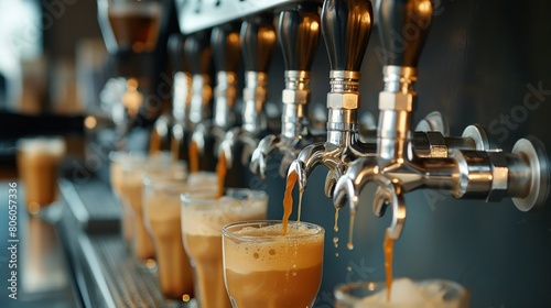 A lineup of nitro cold brew coffee taps each tap pouring a smooth, creamy coffee into stylish glassware. photo