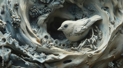 Craft a clay sculpture embodying the essence of a birds-eye view dream, with intricate textures and layers symbolizing a journey through the subconscious mind, inviting viewers to explore and interpre photo